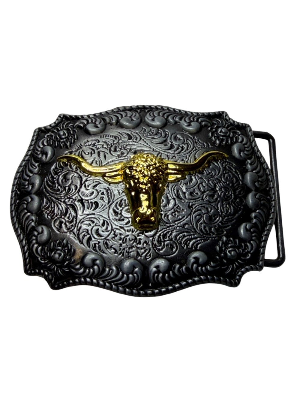 Western Men's Black Belt Buckle with Gold Longhorn Accent - Picture 1 of 7